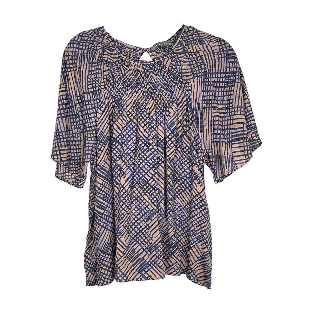 Sharagano Women's Tan Blue Geometric Grid Smocked Neck Blouse - Sz Medium